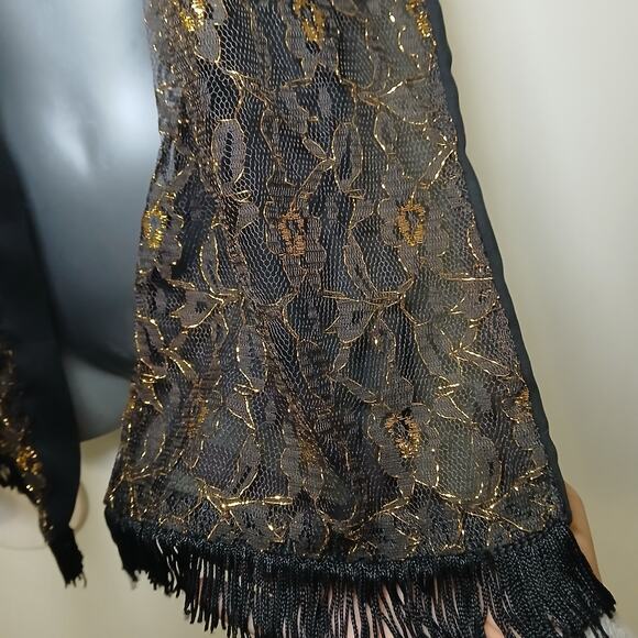Black Gold Lace Fringe Scarf Wrap Shawl Gothic Boho Evening Whimsigoth Vintage‎ - Picture 2 of 5